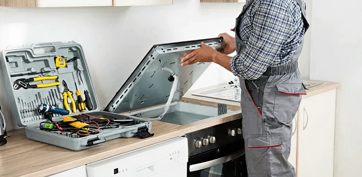 Handyman repairing a cooktop and checking wiring connections in Gilbert, AZ